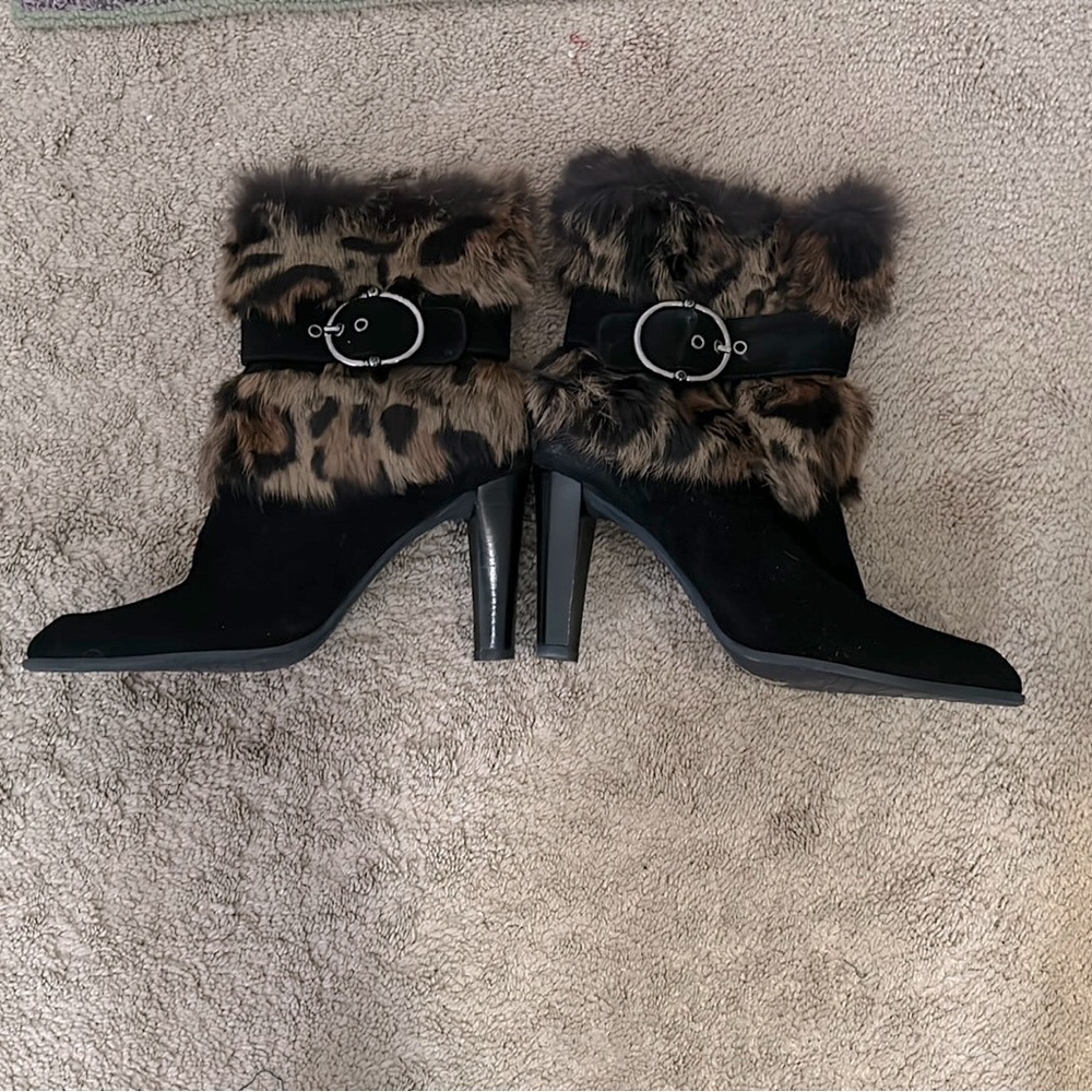 Stuart Weitzman black suede fur lined, leopard fur cuffed ankle bootie7 1/2 M
